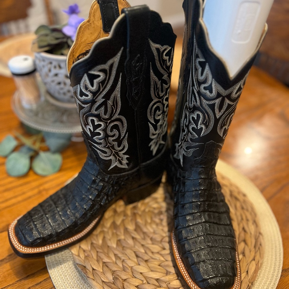 Lucchese Black Crocodile Boots with Silver Accents